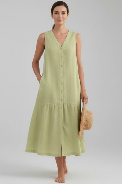Lila | V-Neck Button Front Midi Dress