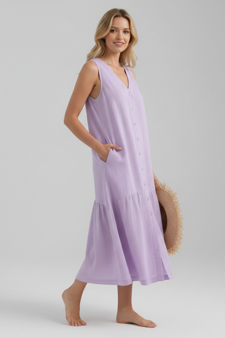 Lila | V-Neck Button Front Midi Dress