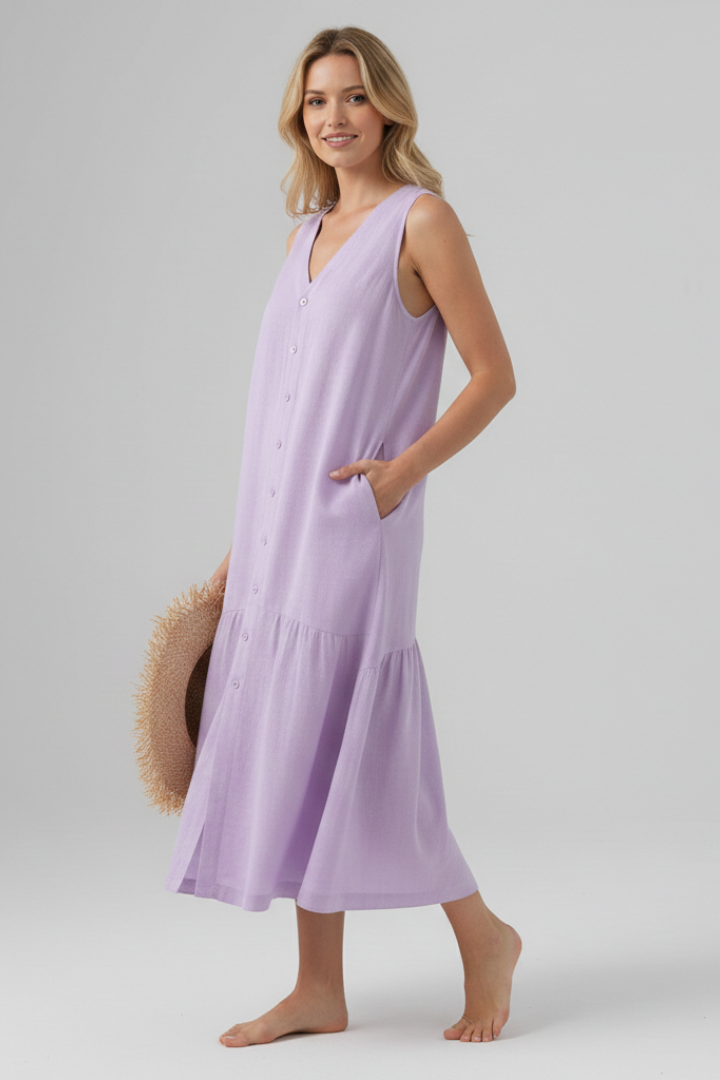 Lila | V-Neck Button Front Midi Dress