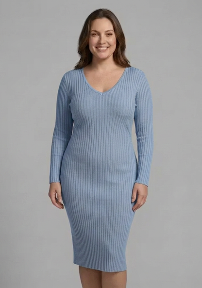 Lena | Ribbed V-Neck Bodycon Midi Dress