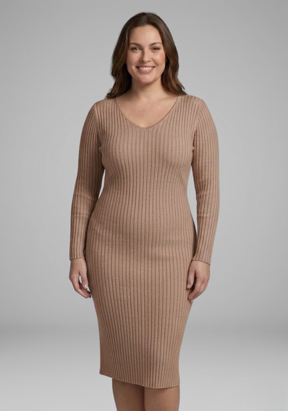 Lena | Ribbed V-Neck Bodycon Midi Dress