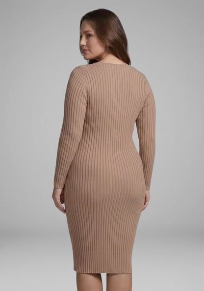 Lena | Ribbed V-Neck Bodycon Midi Dress
