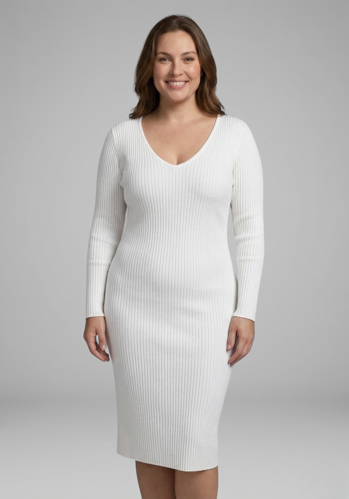 Lena | Ribbed V-Neck Bodycon Midi Dress