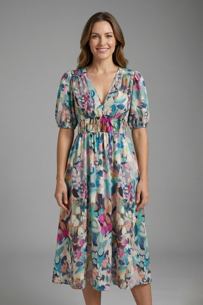 Lila | V-Neck Midi Dress with Short Sleeves