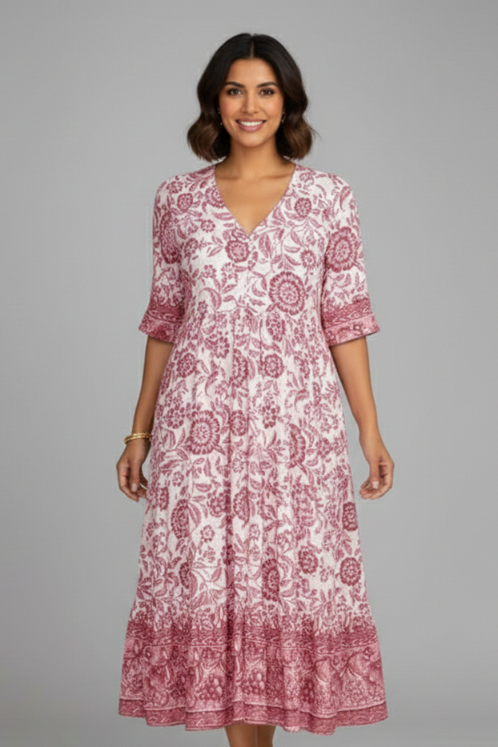 Lila | V-Neck Midi Dress with Short Sleeves