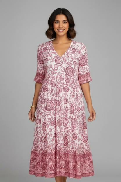 Lila | V-Neck Midi Dress with Short Sleeves