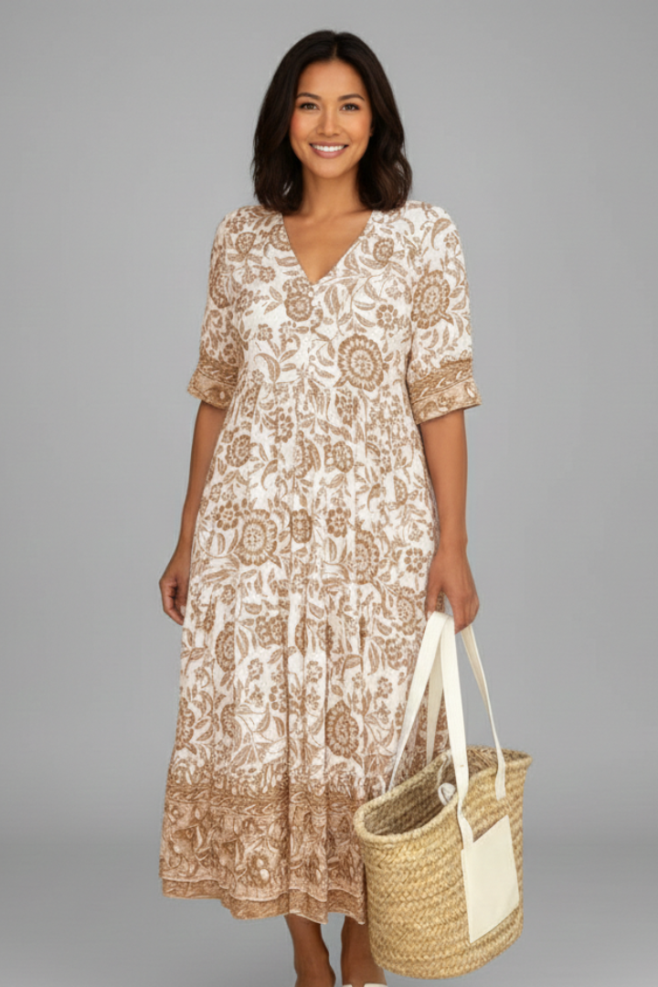 Lila | V-Neck Midi Dress with Short Sleeves