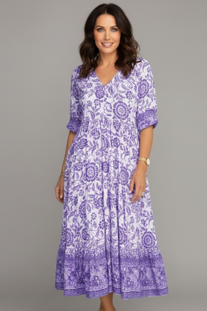 Lila | V-Neck Midi Dress with Short Sleeves