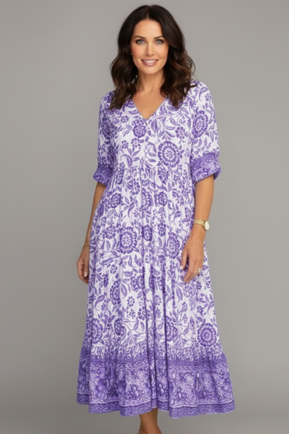 Lila | V-Neck Midi Dress with Short Sleeves