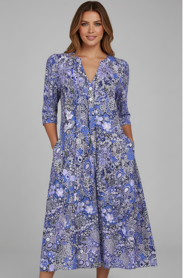 Lena | V-Neck Midi Dress with Three-Quarter Sleeves