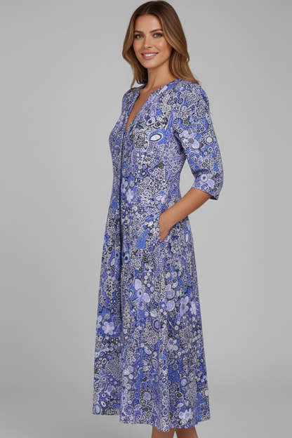 Lena | V-Neck Midi Dress with Three-Quarter Sleeves