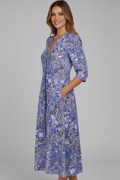 Lena | V-Neck Midi Dress with Three-Quarter Sleeves
