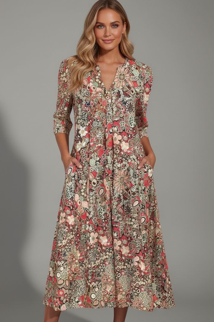 Lena | V-Neck Midi Dress with Three-Quarter Sleeves