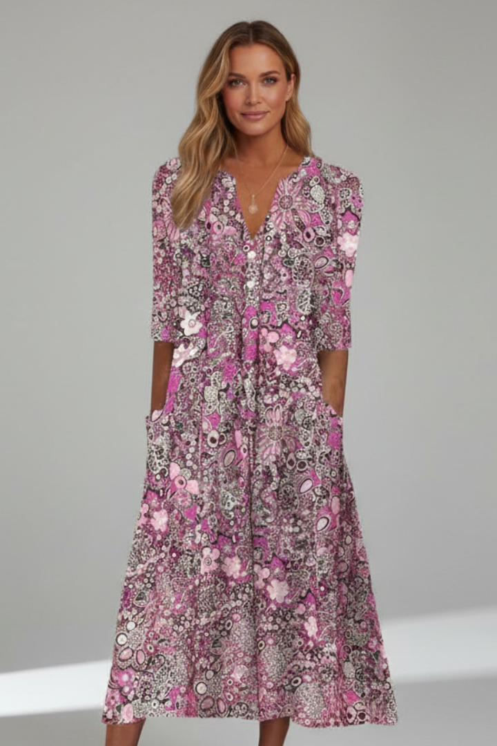 Lena | V-Neck Midi Dress with Three-Quarter Sleeves