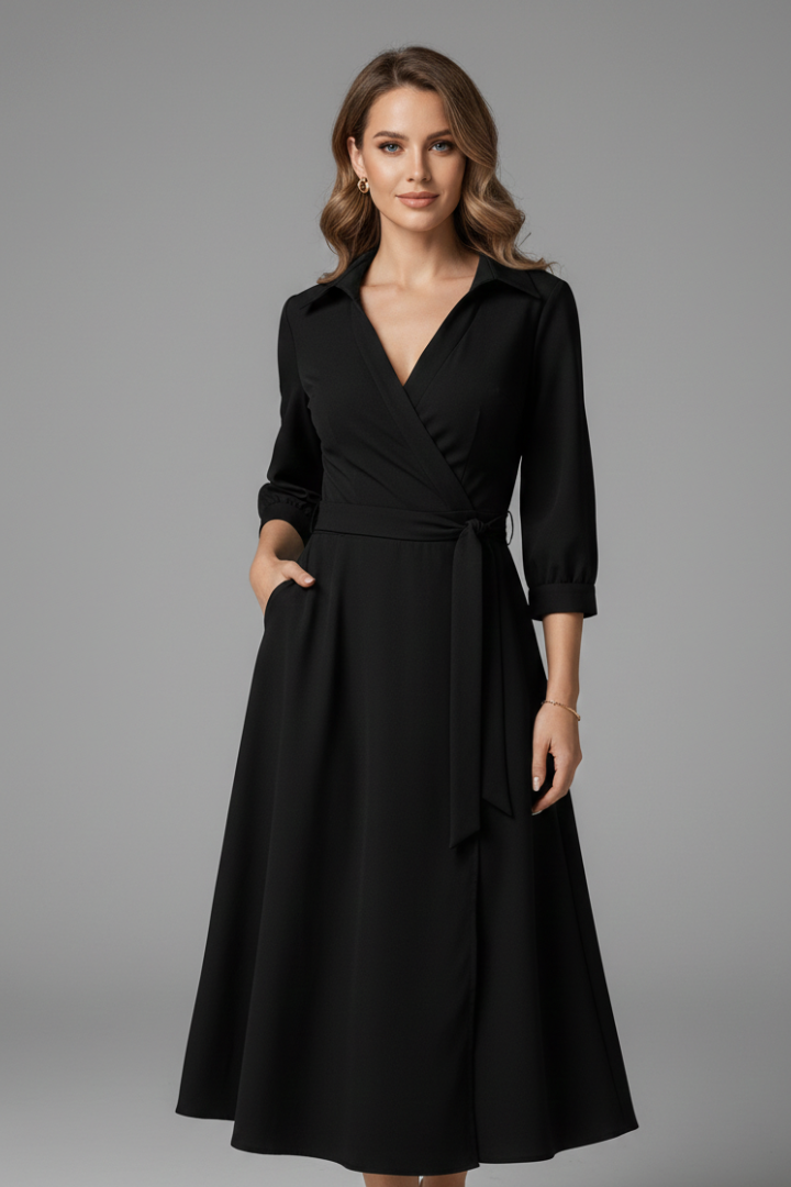 Lila | Elegant Midi Dress with V-Neck and Long Sleeves