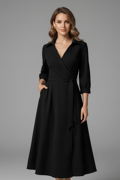 Lila | Elegant Midi Dress with V-Neck and Long Sleeves