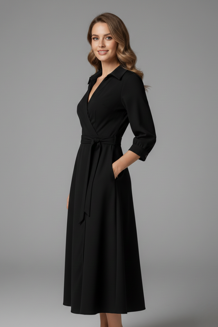 Lila | Elegant Midi Dress with V-Neck and Long Sleeves