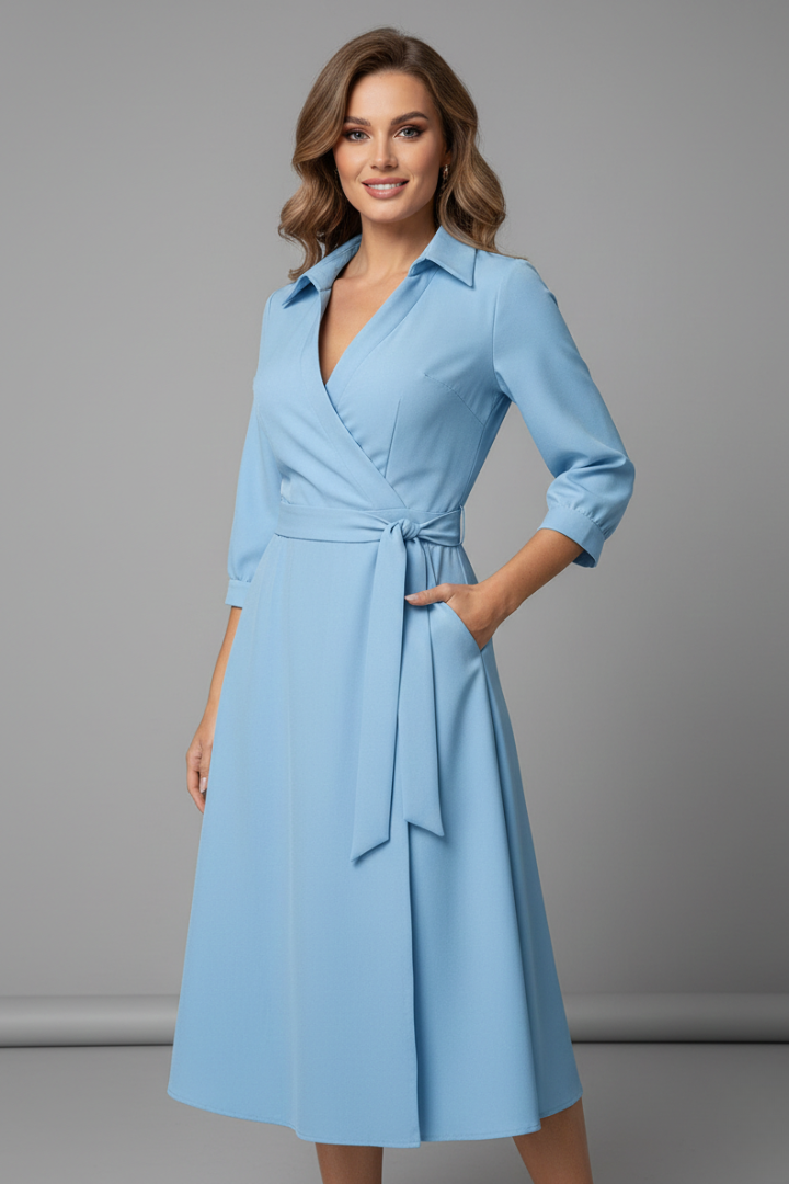 Lila | Elegant Midi Dress with V-Neck and Long Sleeves