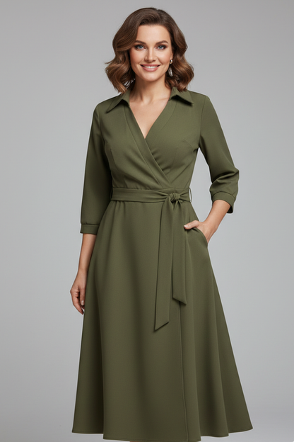 Lila | Elegant Midi Dress with V-Neck and Long Sleeves
