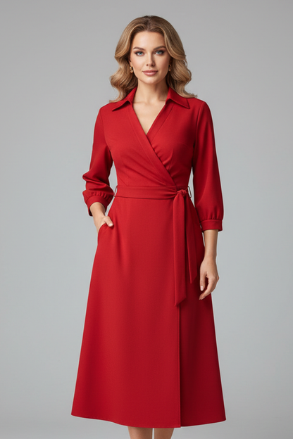 Lila | Elegant Midi Dress with V-Neck and Long Sleeves