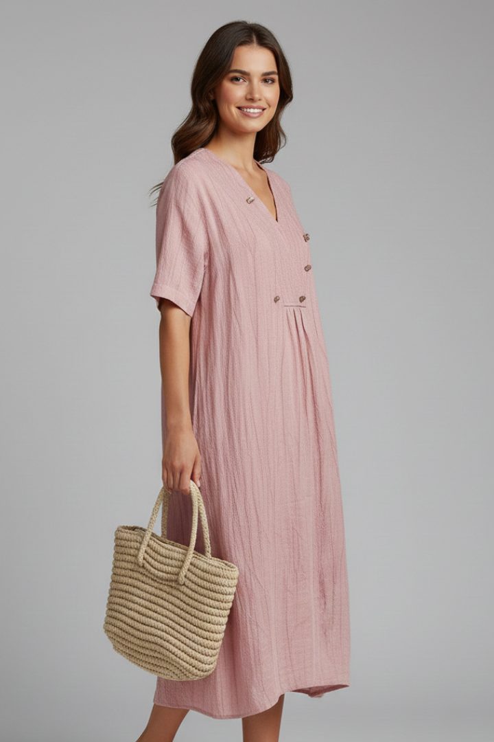 Elena | Chic V Neck Midi Dress with Short Sleeves