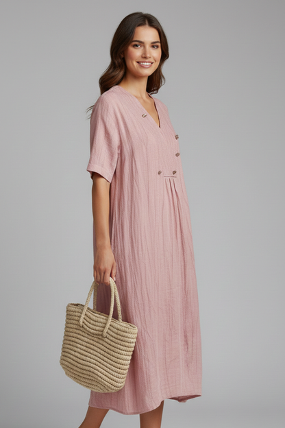 Elena | Chic V Neck Midi Dress with Short Sleeves