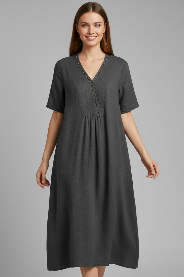 Elena | Chic V Neck Midi Dress with Short Sleeves