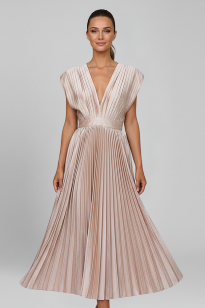 Clara | Elegant V Neck Midi Dress with Pleated Skirt