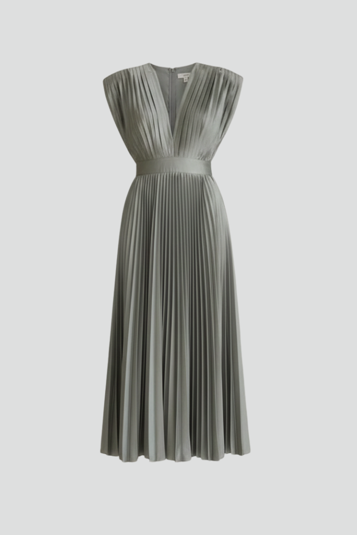 Clara | Elegant V Neck Midi Dress with Pleated Skirt