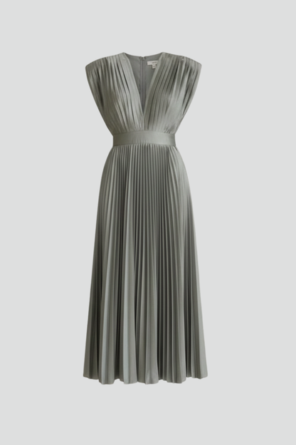 Clara | Elegant V Neck Midi Dress with Pleated Skirt