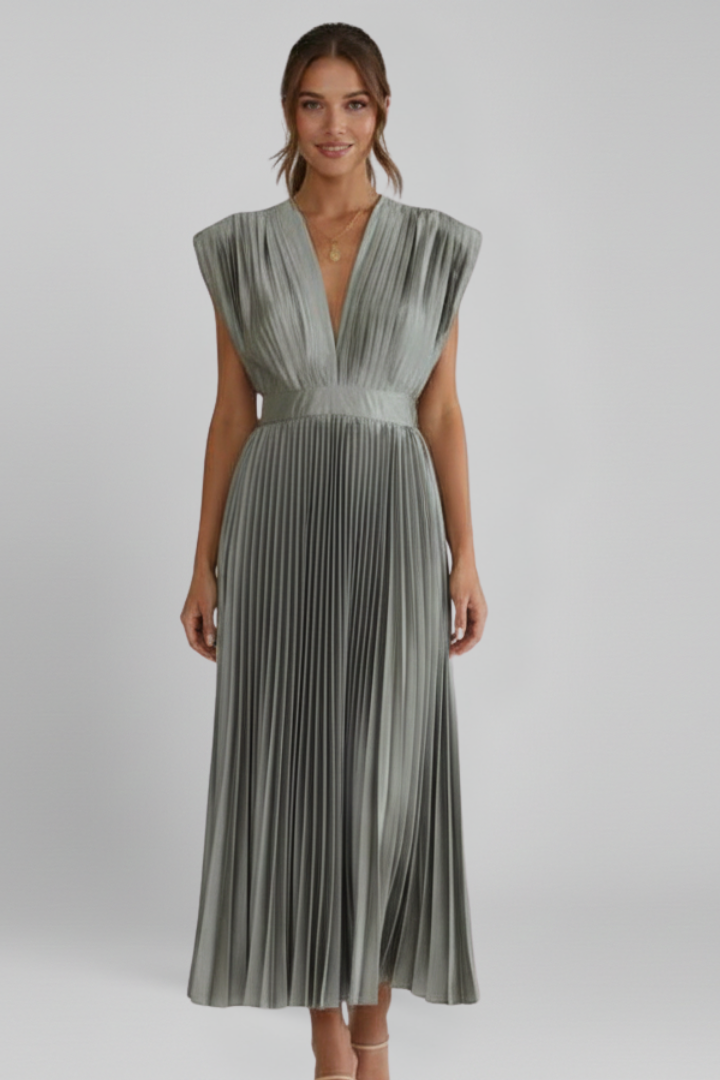Clara | Elegant V Neck Midi Dress with Pleated Skirt