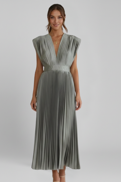 Clara | Elegant V Neck Midi Dress with Pleated Skirt