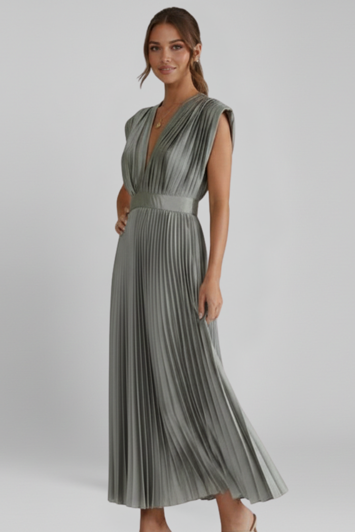 Clara | Elegant V Neck Midi Dress with Pleated Skirt