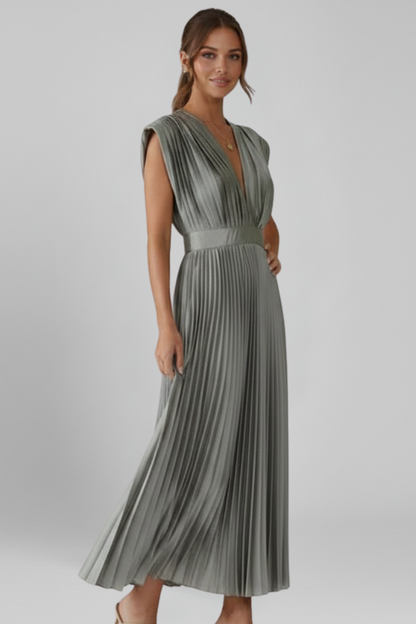 Clara | Elegant V Neck Midi Dress with Pleated Skirt