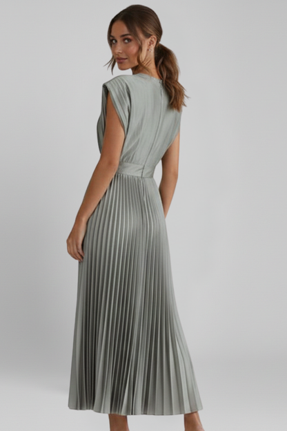 Clara | Elegant V Neck Midi Dress with Pleated Skirt