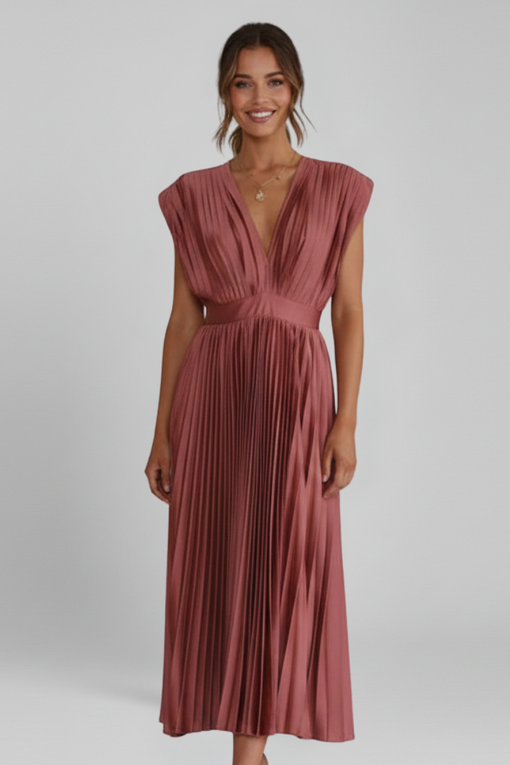 Clara | Elegant V Neck Midi Dress with Pleated Skirt