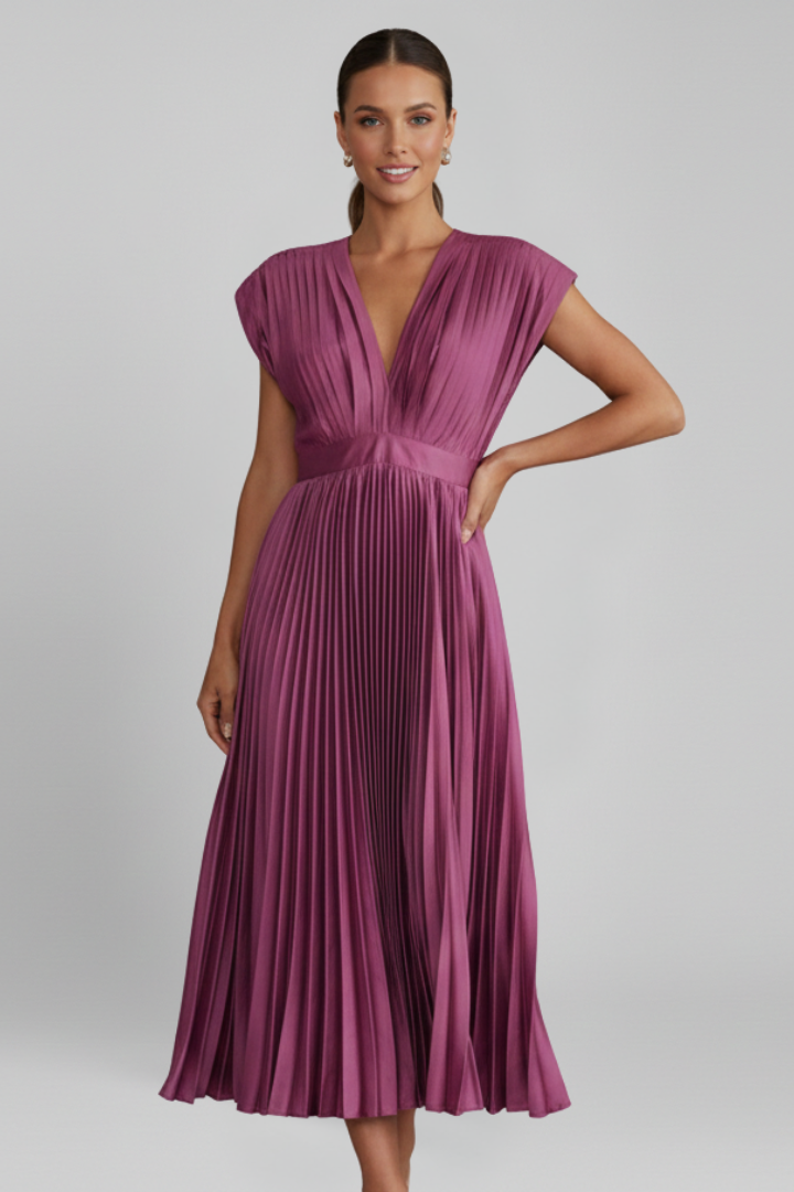 Clara | Elegant V Neck Midi Dress with Pleated Skirt