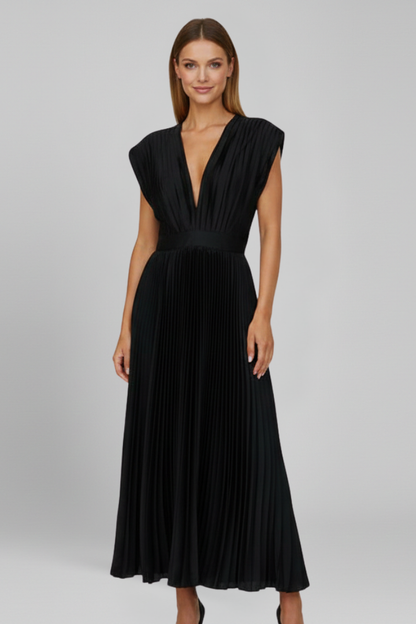 Clara | Elegant V Neck Midi Dress with Pleated Skirt