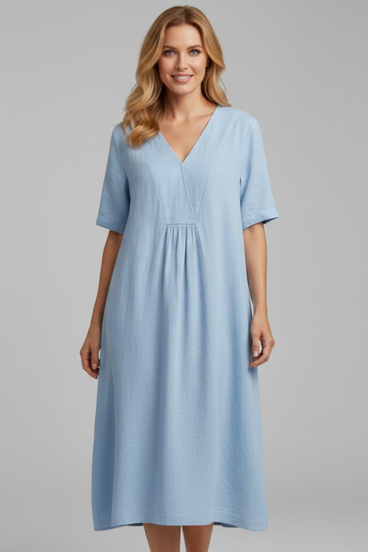 Elena | V Neck Midi Dress with Short Sleeves