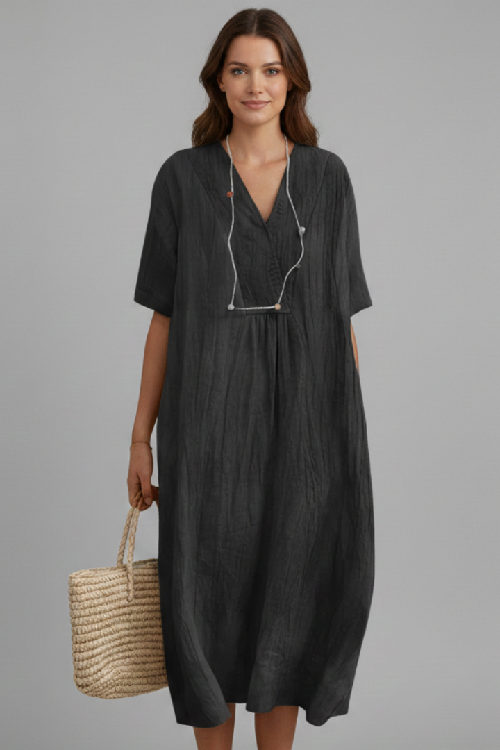 Elena | V Neck Midi Dress with Short Sleeves