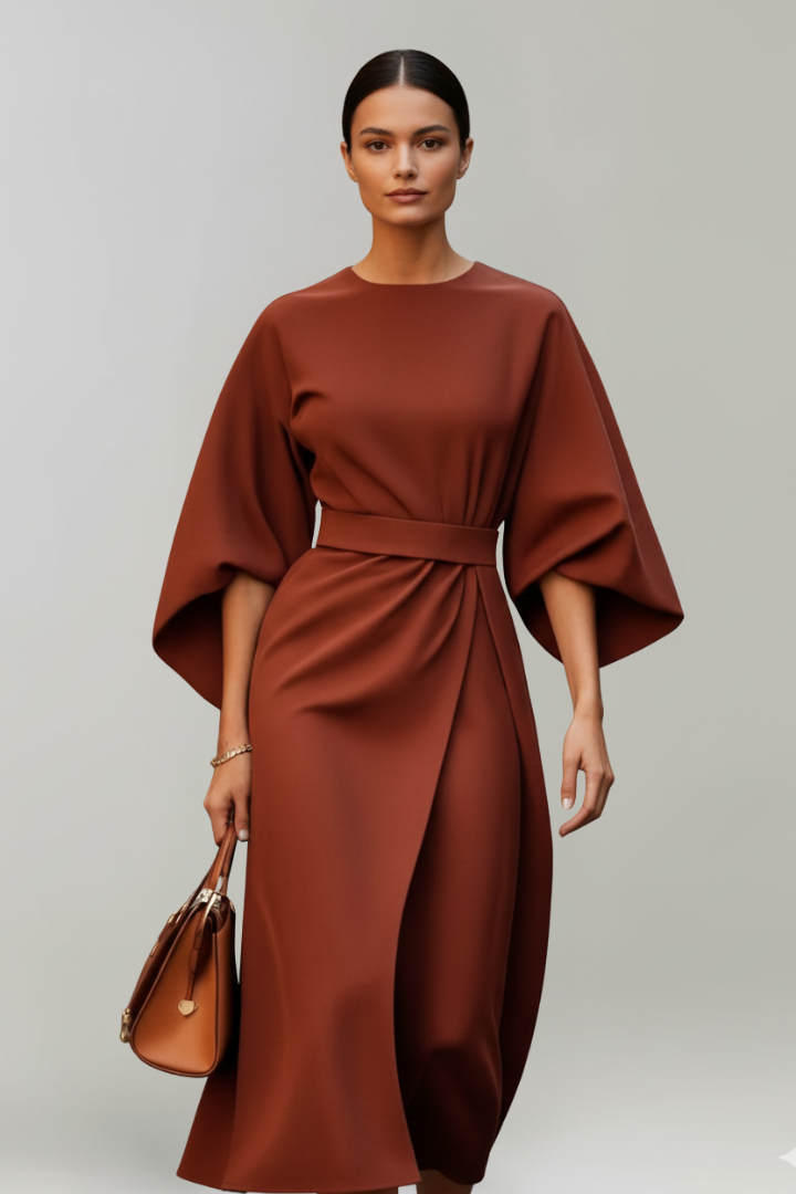 Lena | Effortless Midi Dress with Wide Sleeves and Belted Waist