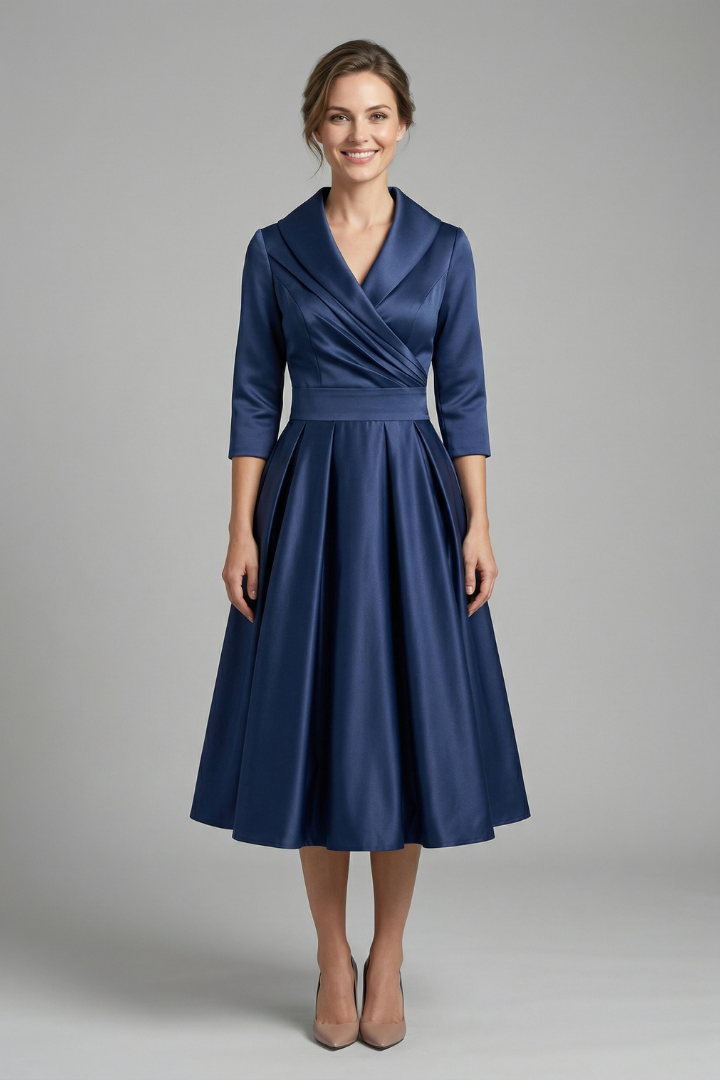 Elena | Wrap Neck Midi Dress with Pleated Skirt