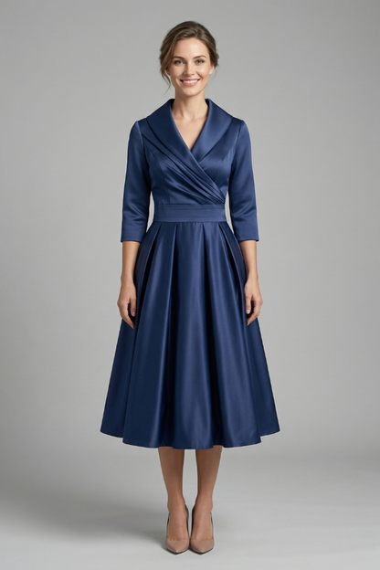 Elena | Wrap Neck Midi Dress with Pleated Skirt