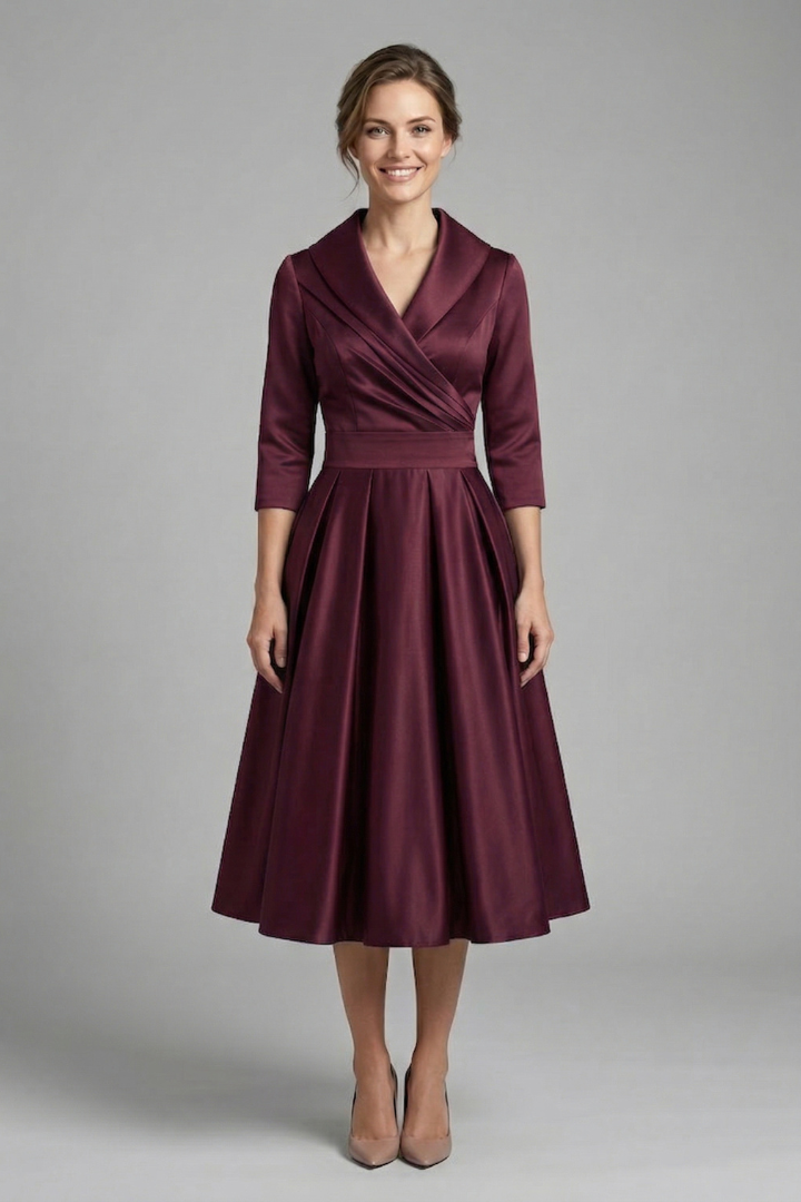 Elena | Wrap Neck Midi Dress with Pleated Skirt