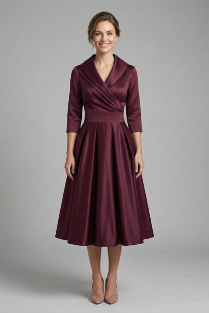 Elena | Wrap Neck Midi Dress with Pleated Skirt