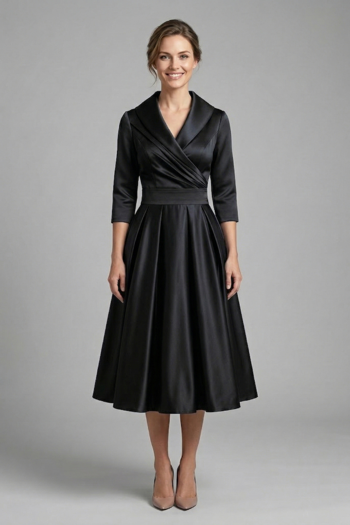 Elena | Wrap Neck Midi Dress with Pleated Skirt
