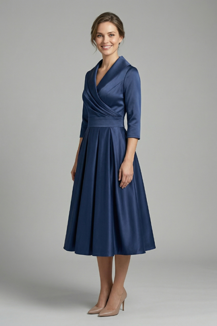 Elena | Wrap Neck Midi Dress with Pleated Skirt
