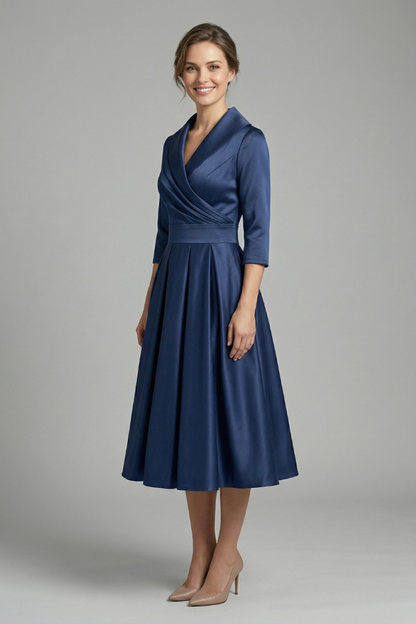 Elena | Wrap Neck Midi Dress with Pleated Skirt