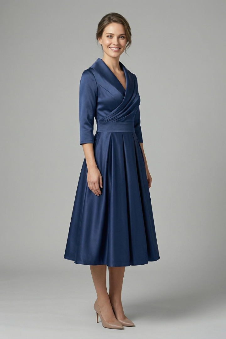 Elena | Wrap Neck Midi Dress with Pleated Skirt