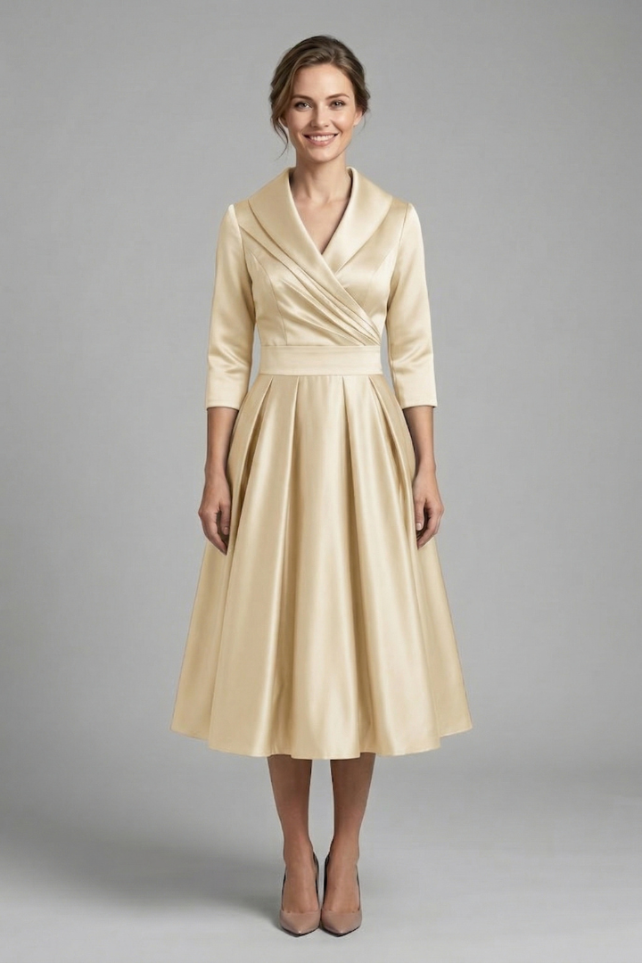 Elena | Wrap Neck Midi Dress with Pleated Skirt